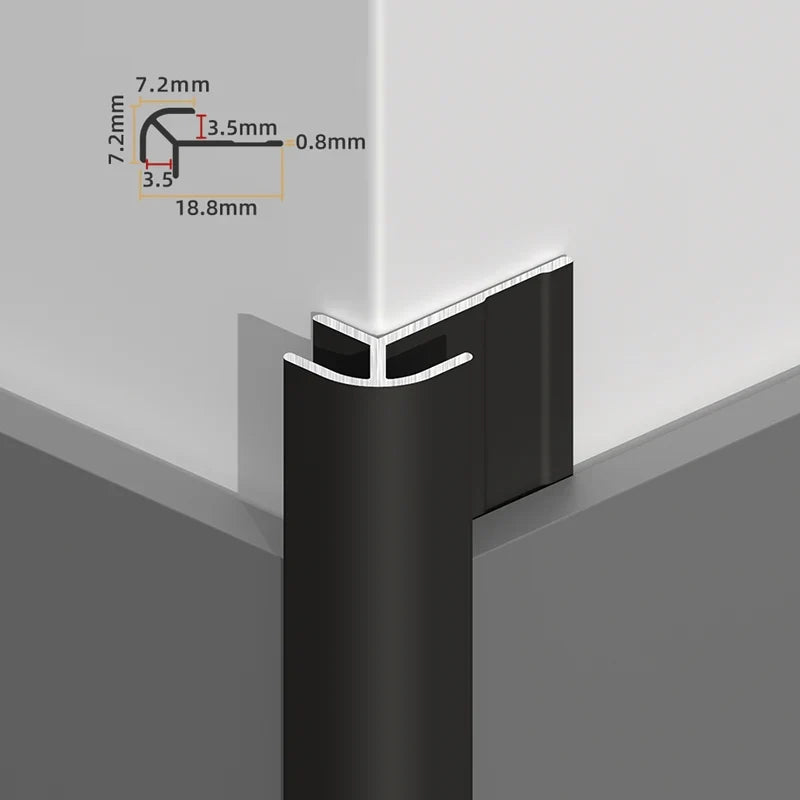 Black rounded aluminum outside corner trim fitted to a wall panel corner with dimensions