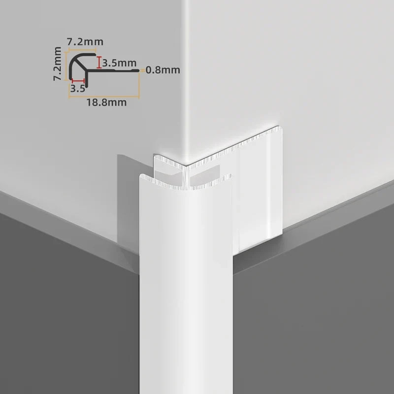 White rounded aluminum outside corner trim installation rendering with 18.8mm profile width