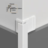 White sharp-edge aluminum outside corner trim installation rendering with profile dimensions