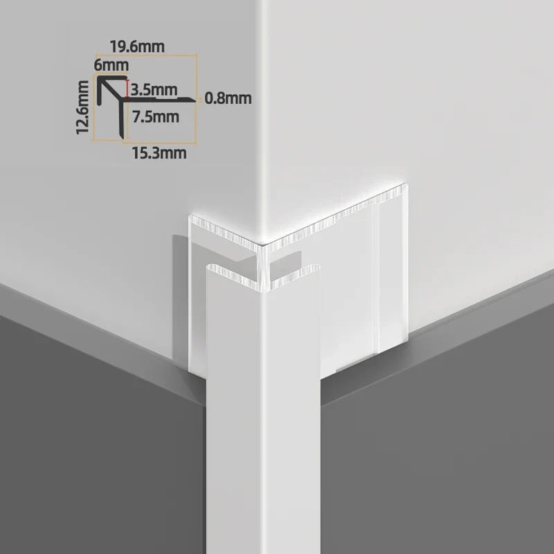 White sharp-edge aluminum outside corner trim installation rendering with profile dimensions