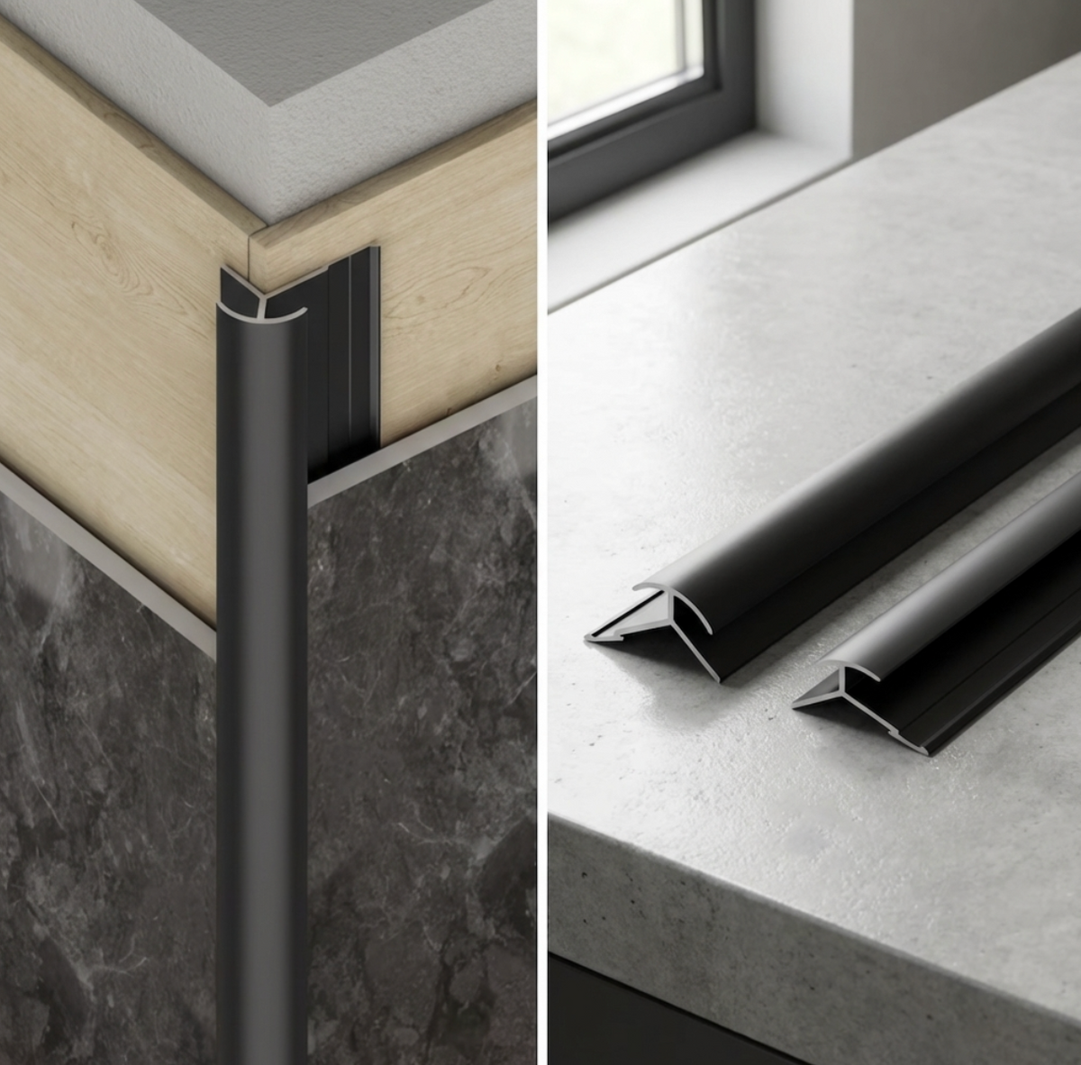 Black aluminum round outside corner trim installed on wall panels beside two loose profile samples