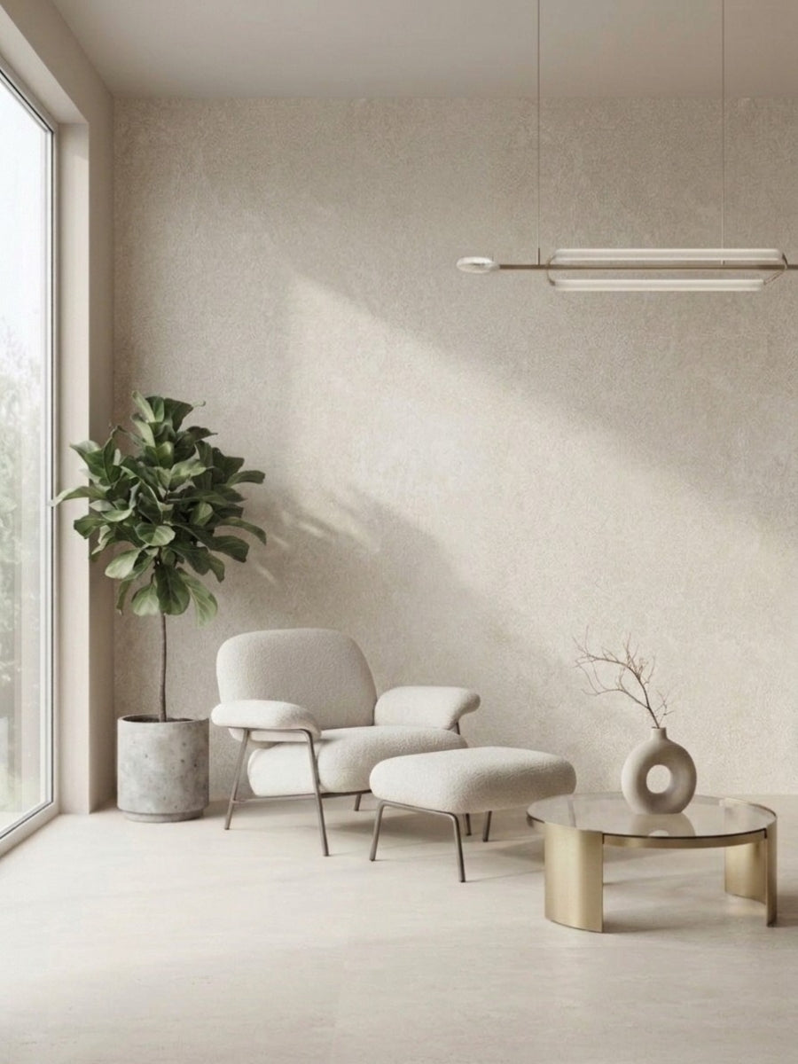 Beige rough-texture PVC sheets installed on a minimalist living room wall