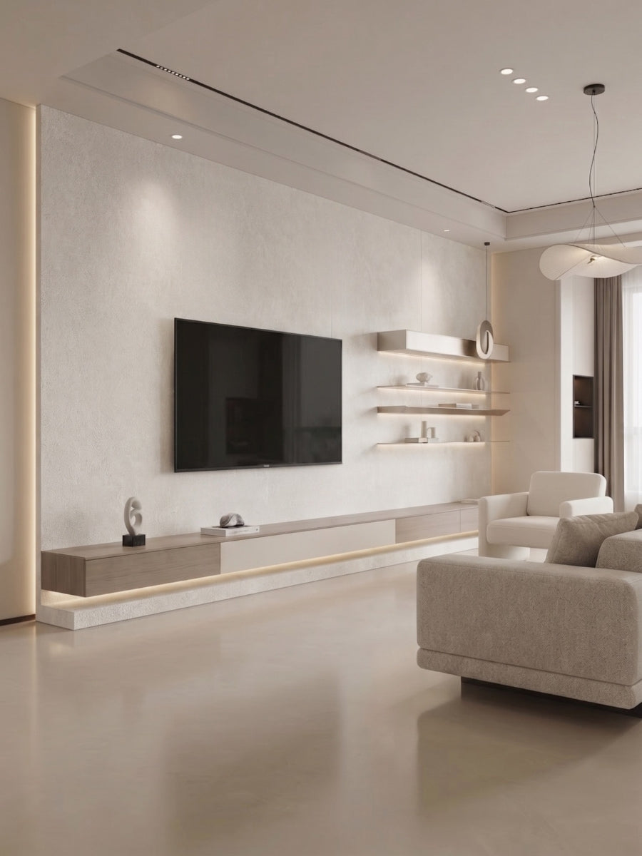Beige stone panels covering a modern living room TV feature wall