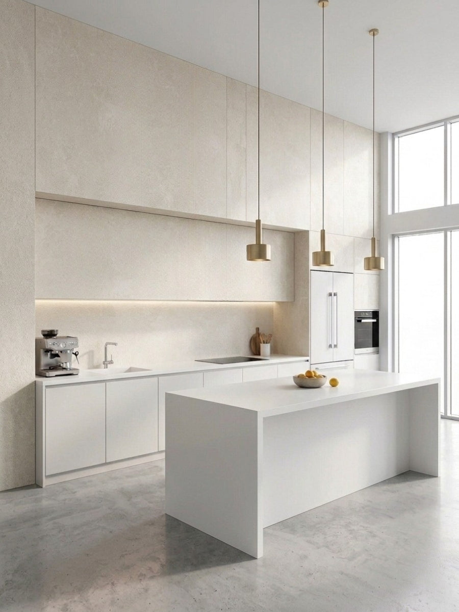 Beige textured PVC wall panels in a bright modern kitchen with white island