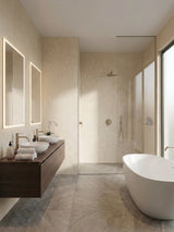 Waterproof beige stone panels installed in a modern bathroom with shower and tub