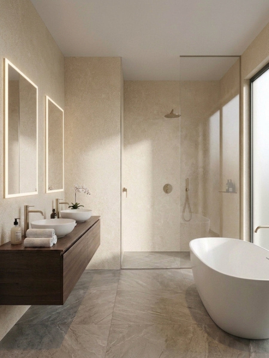 Waterproof beige stone panels installed in a modern bathroom with shower and tub