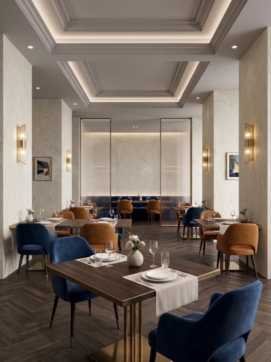 Beige rough-texture wall panels and columns in an elegant restaurant dining room