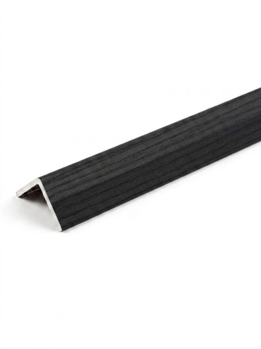 Deep black wood-look corner trim for acoustic and fluted wall panels