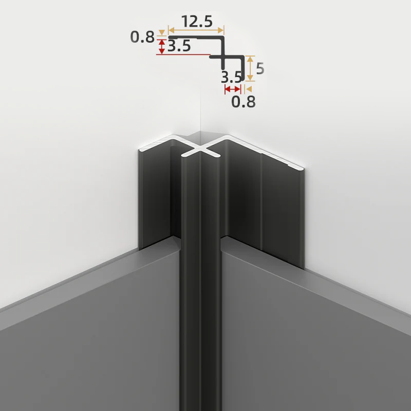 Black 3mm aluminum inside corner trim fitted between PVC wall panels with profile dimensions shown