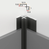 Black 3mm aluminum inside corner trim fitted between PVC wall panels with profile dimensions shown