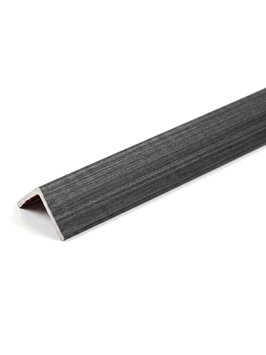 Textured charcoal gray corner trim for acoustic and fluted wall panels