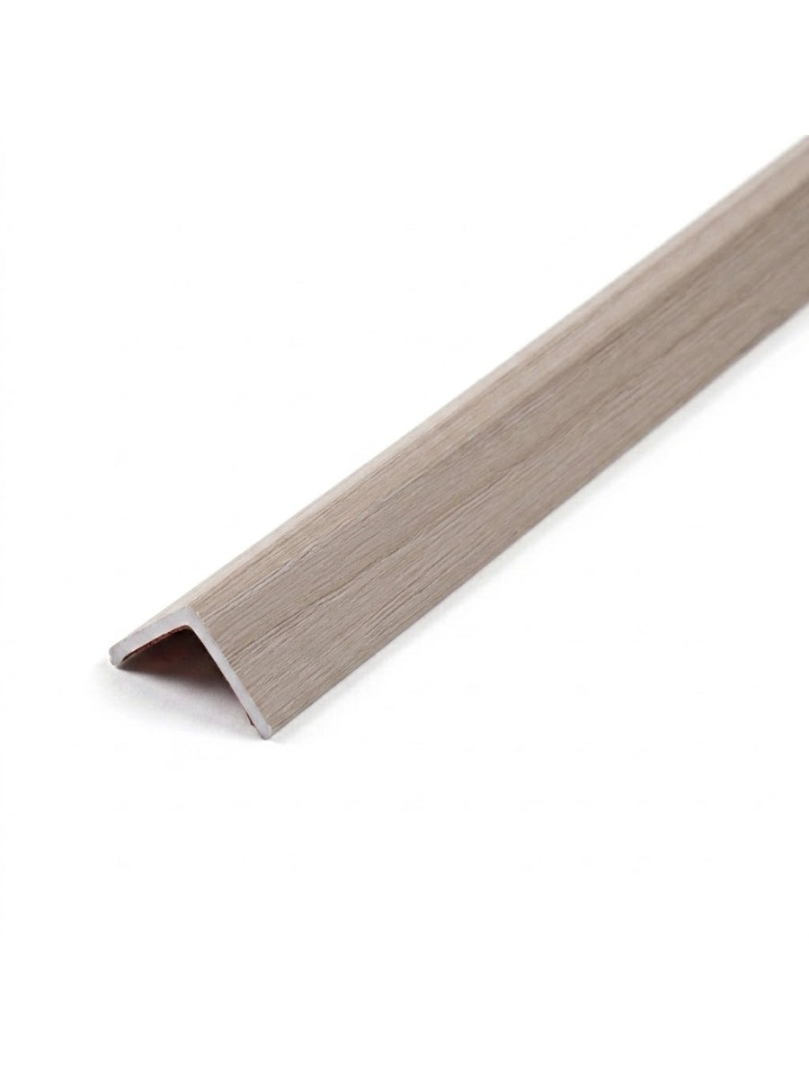 Light greige woodgrain corner trim for acoustic and fluted wall panels