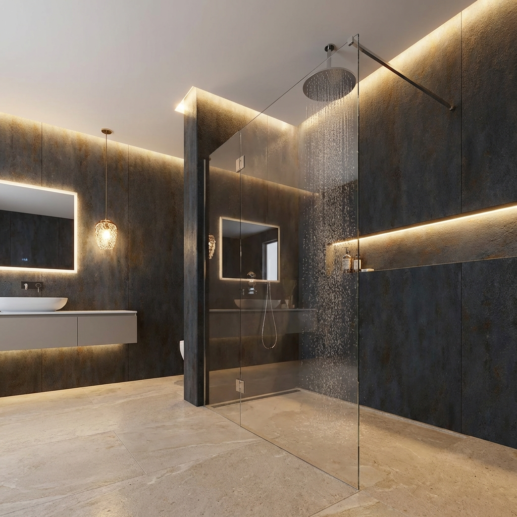 Charcoal stone look PVC sheet close to bathroom vanity