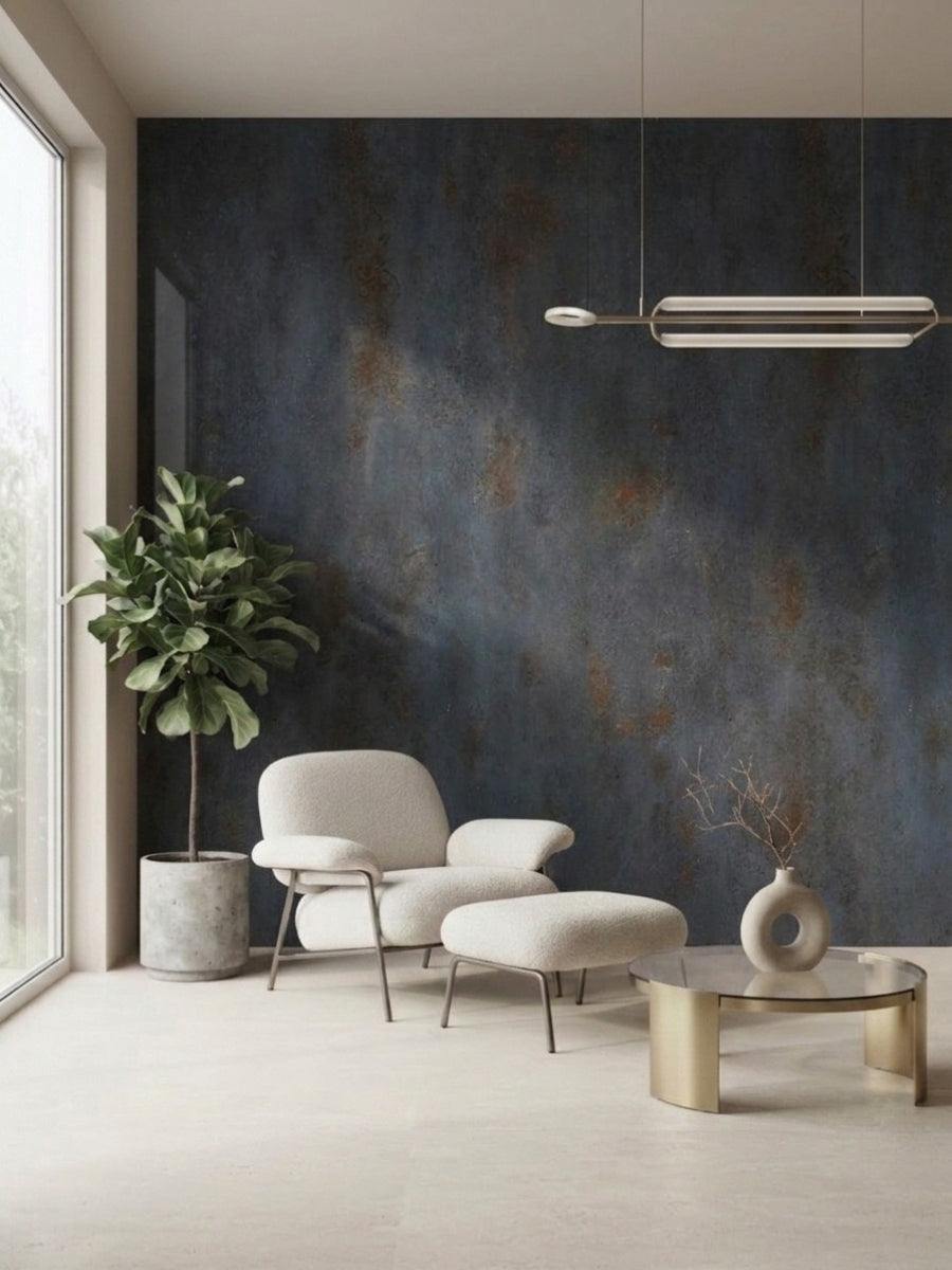 Dark charcoal stone panels installed as a textured accent wall in a modern sitting area