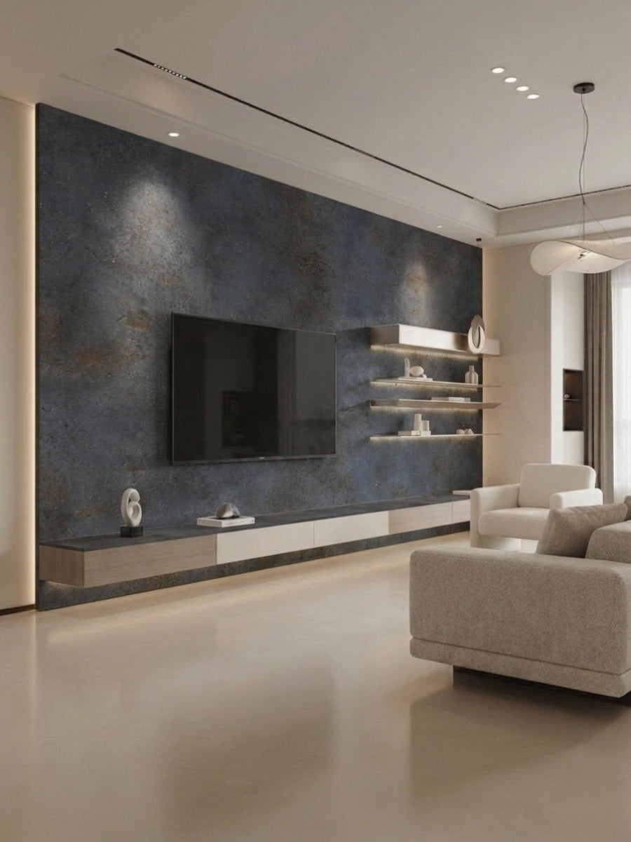 Modern living room TV wall clad in dark charcoal rough-texture PVC stone panels