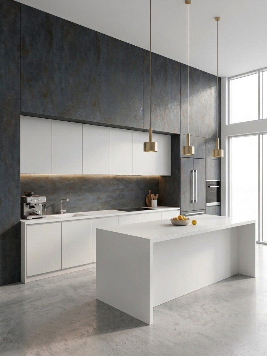 Dark charcoal stone-effect PVC panels covering walls in a modern white kitchen