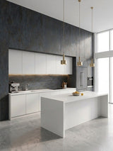 Dark charcoal stone-effect PVC panels covering walls in a modern white kitchen