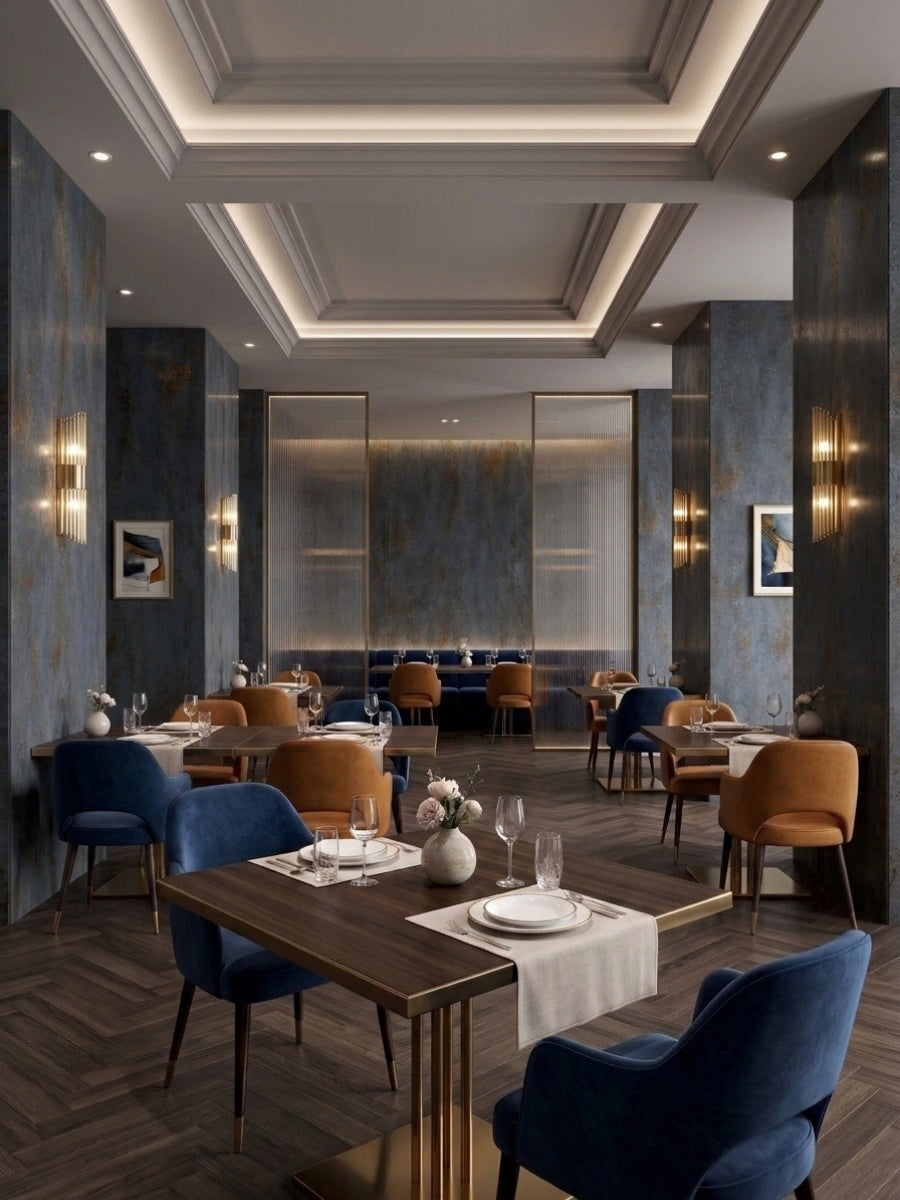 Restaurant interior with dark charcoal textured PVC stone panels on walls and columns