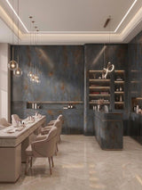 Dark charcoal stone-effect wall panels installed in a modern beauty salon