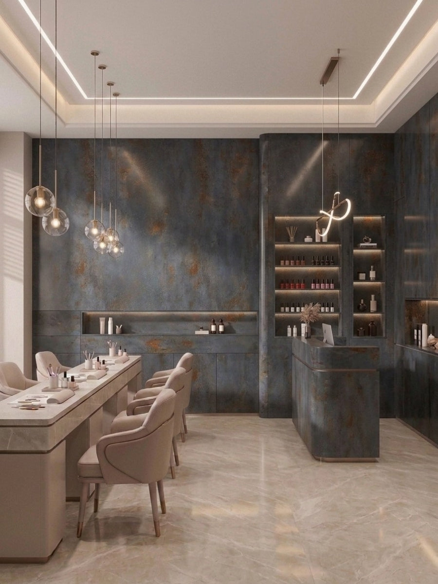 Dark charcoal stone-effect wall panels installed in a modern beauty salon