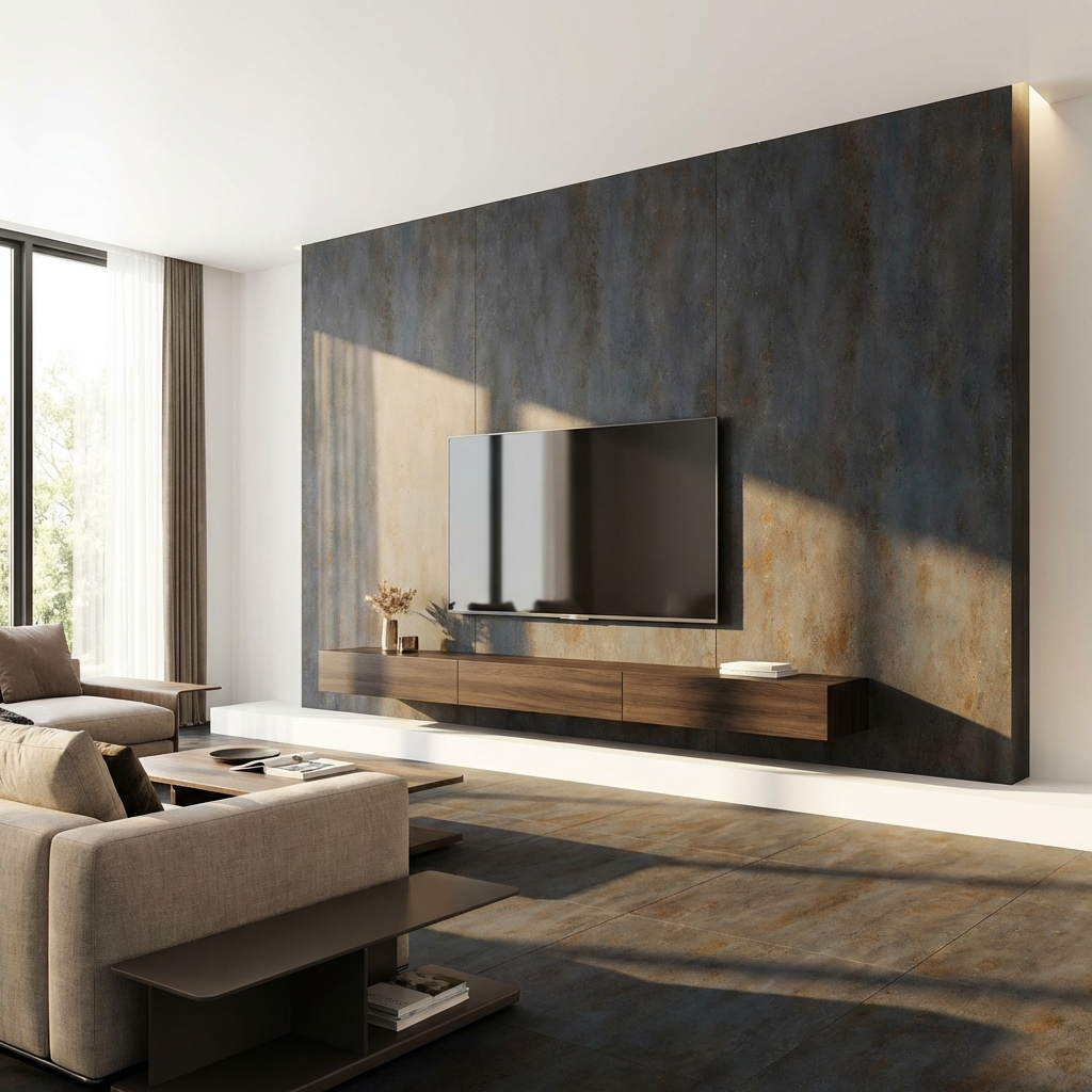 Dark charcoal stone PVC wall panels behind wall mounted TV