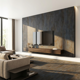 Dark charcoal stone PVC wall panels behind wall mounted TV