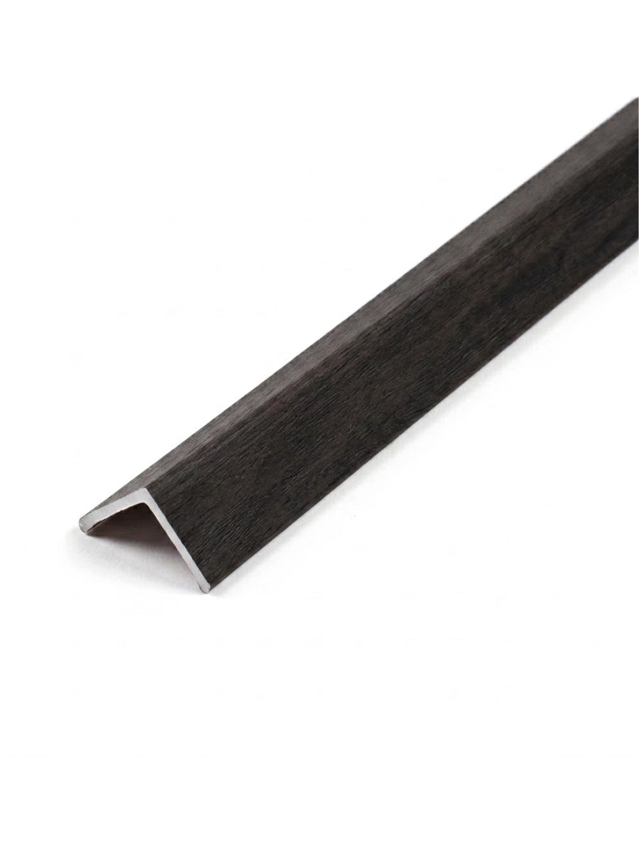 Dark charcoal woodgrain corner trim for acoustic and fluted wall panels