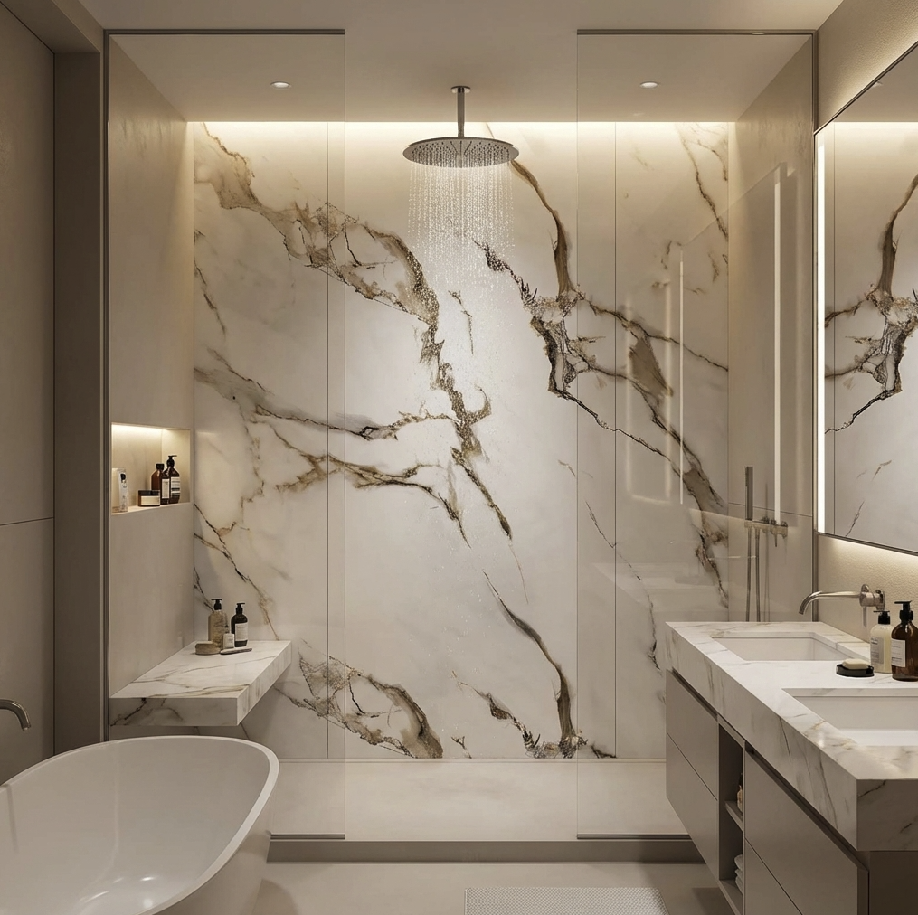 Ethereal Blush Marble UV Protected PVC Wall Panel in Shower