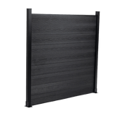Black composite fence with wood grain texture, horizontal planks, and sturdy black posts, available at discounted prices in