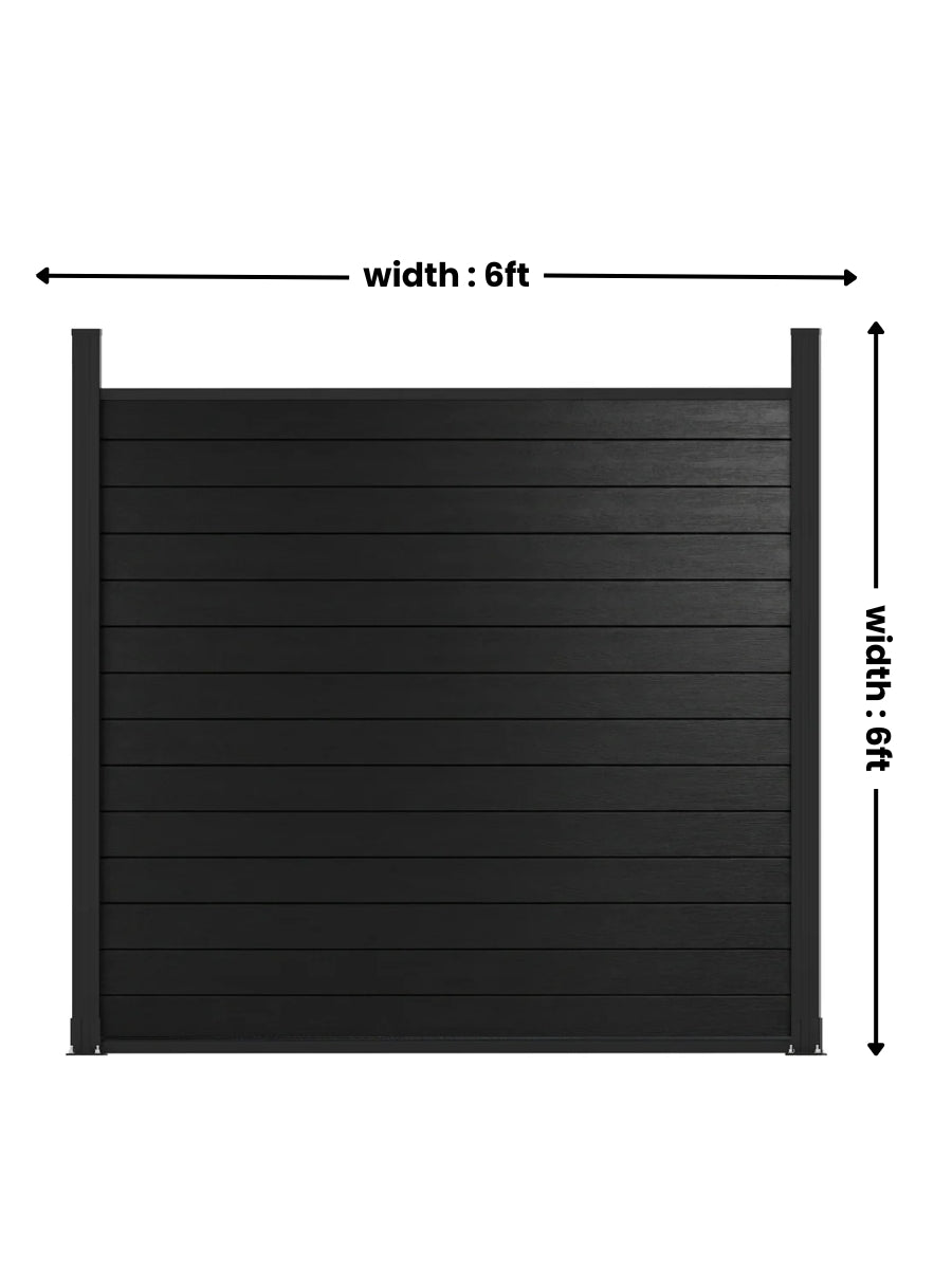 Black aluminum full privacy fence panel with horizontal slats and 6 ft by 6 ft dimensions