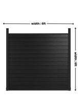 Black aluminum full privacy fence panel with horizontal slats and 6 ft by 6 ft dimensions