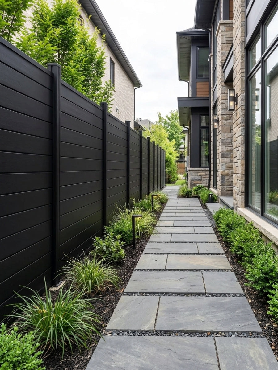 Black aluminum full privacy fence installed along a landscaped walkway beside a modern home