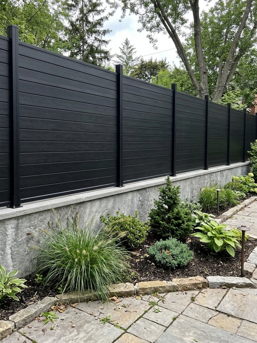 Black aluminum full privacy fence mounted on a concrete garden wall
