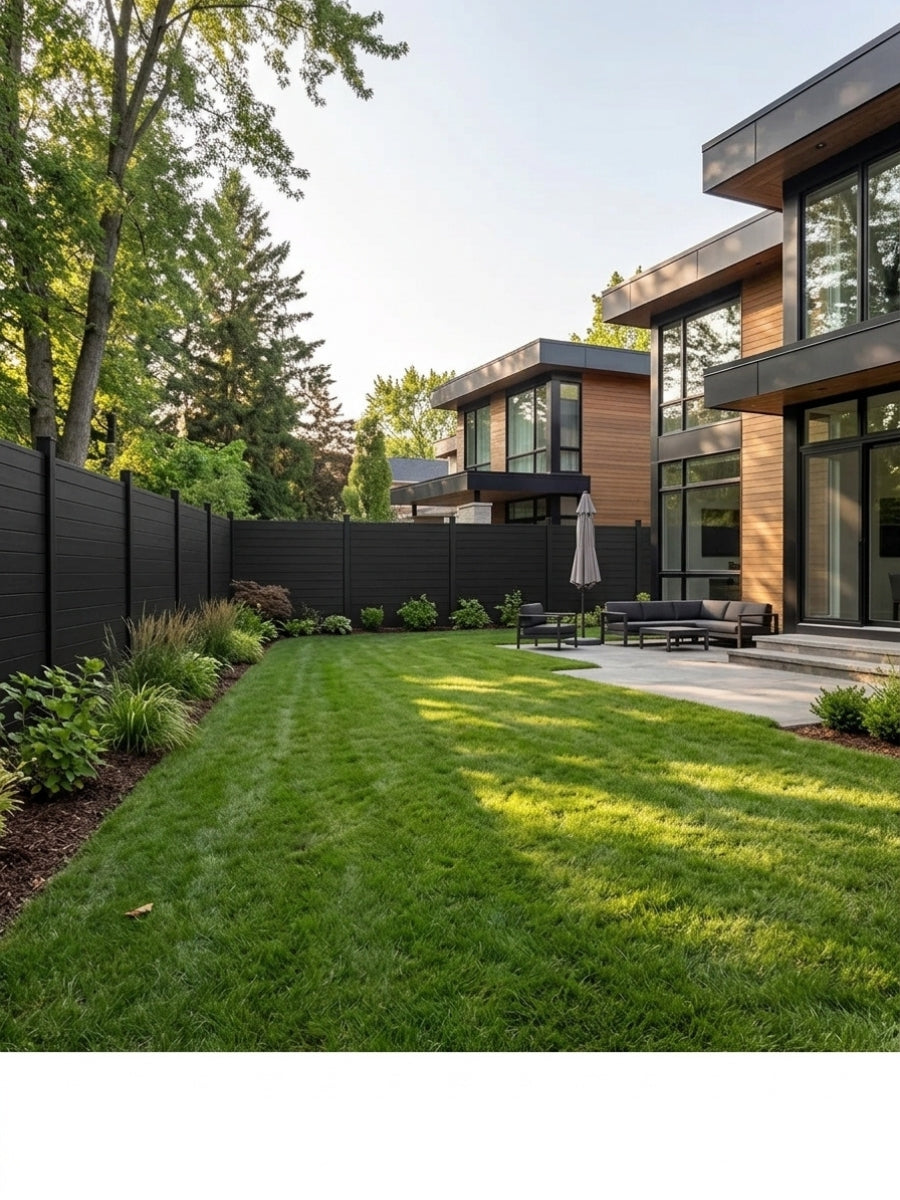 Black full privacy fence surrounding a landscaped backyard at a modern home