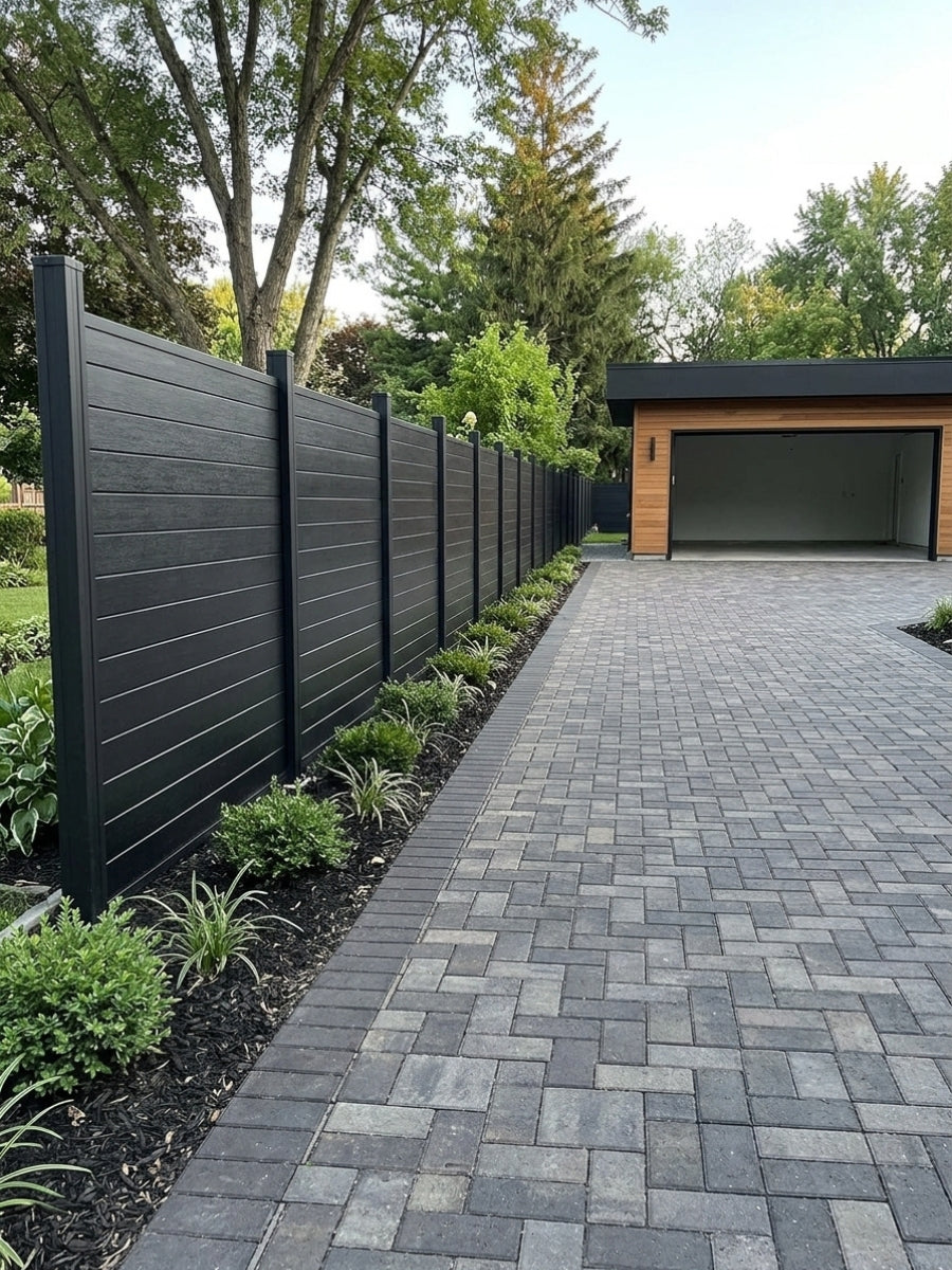 Black aluminum full privacy fence installed beside a paved driveway and landscaped border