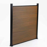 Brown composite fence with walnut finish, horizontal planks, black metal posts, durable and stylish, available in NJ