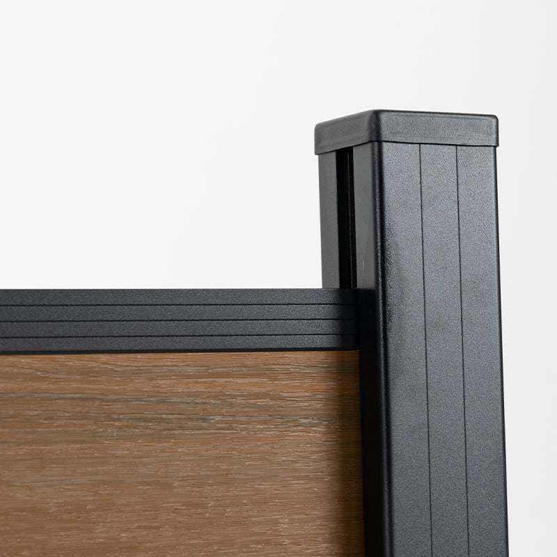 Brown walnut wood grain composite fence with black metal posts, durable and stylish, ideal for NJ homes.