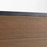 Brown composite fence with walnut finish, durable co-extrusion design, ideal for NJ decks with black metal railings.