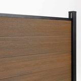 Brown composite fence with walnut wood grain, black metal trim, horizontal planks, durable and stylish for NJ homes.