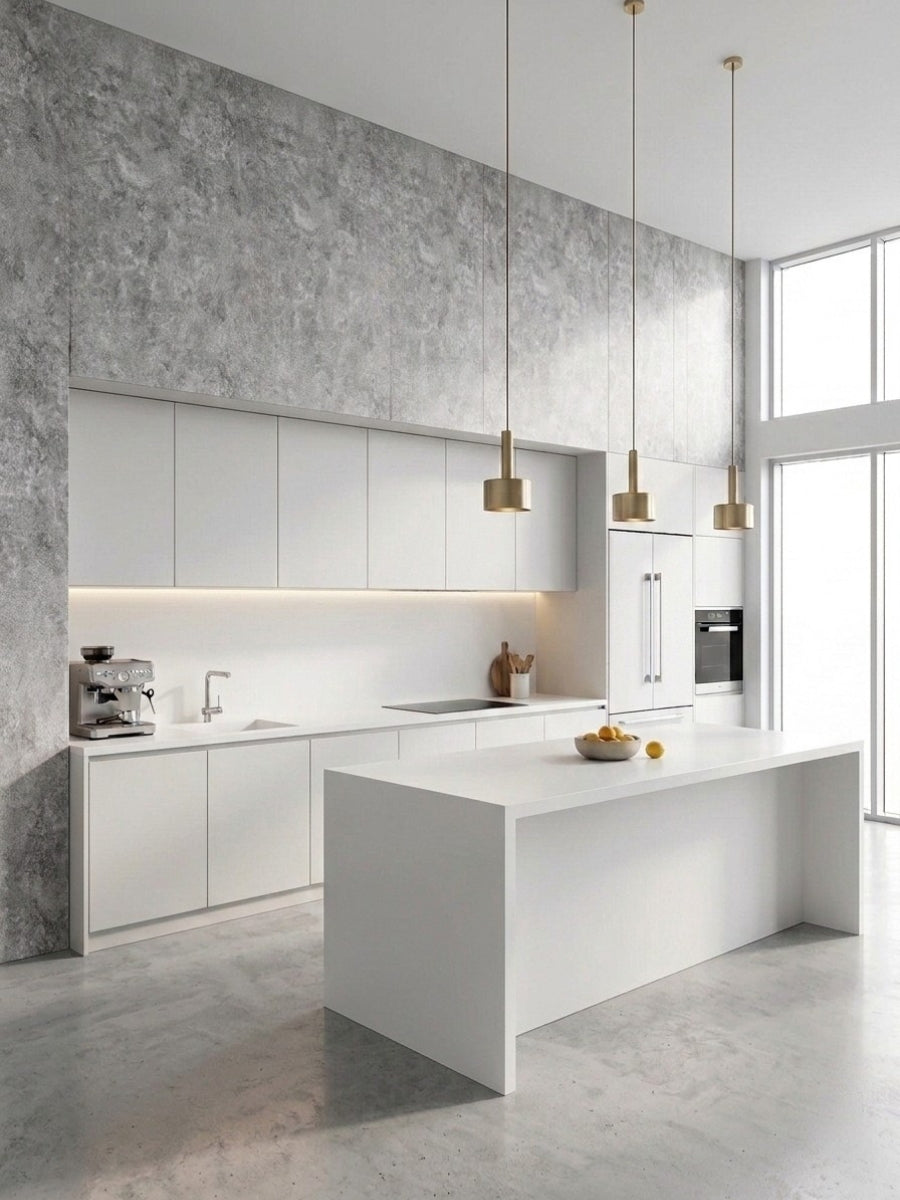 Gray stone-look PVC panels installed around white cabinetry in a modern kitchen
