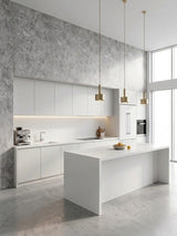 Gray stone-look PVC panels installed around white cabinetry in a modern kitchen