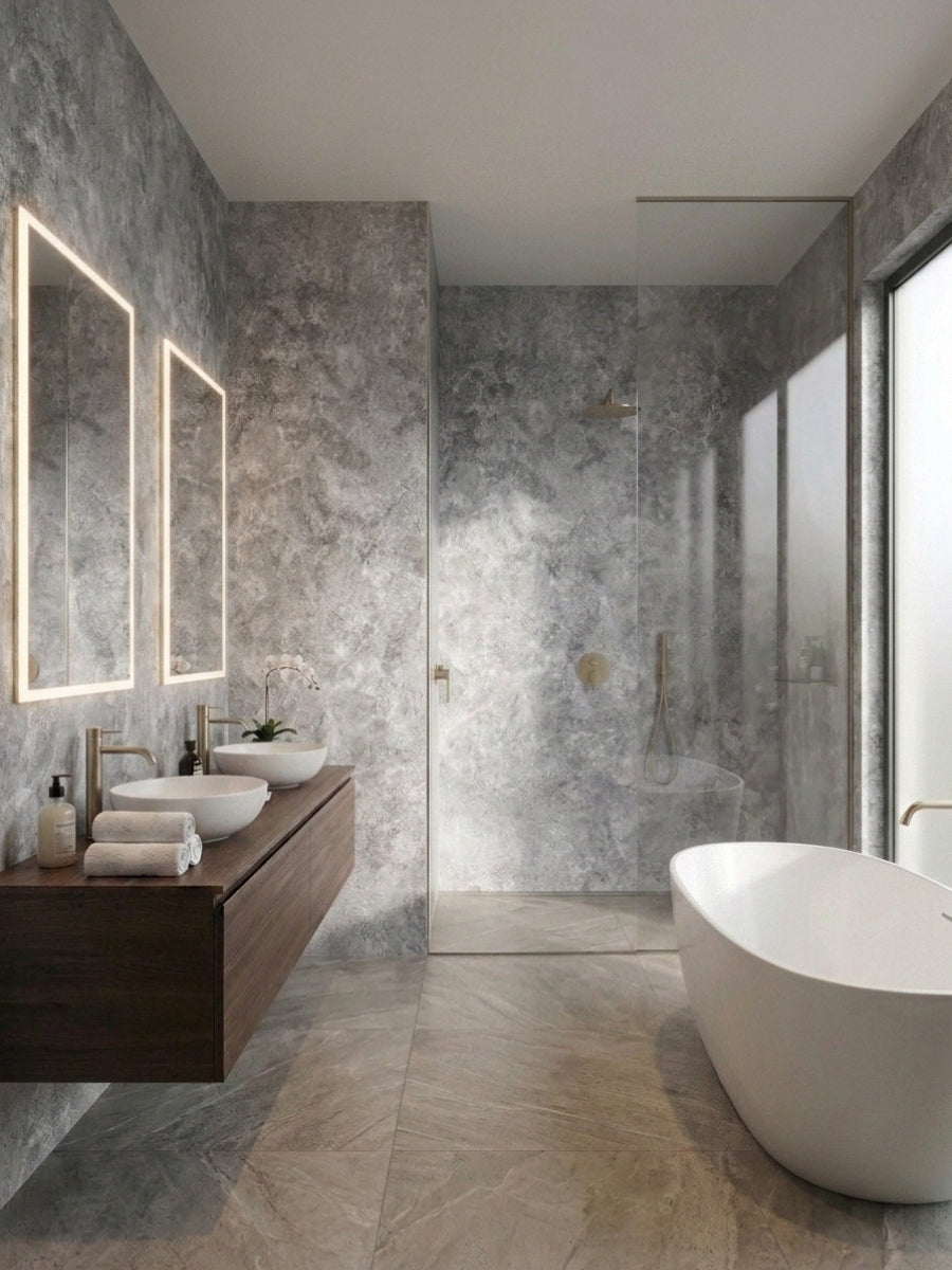 Waterproof gray stone-textured PVC sheets installed on bathroom and shower walls