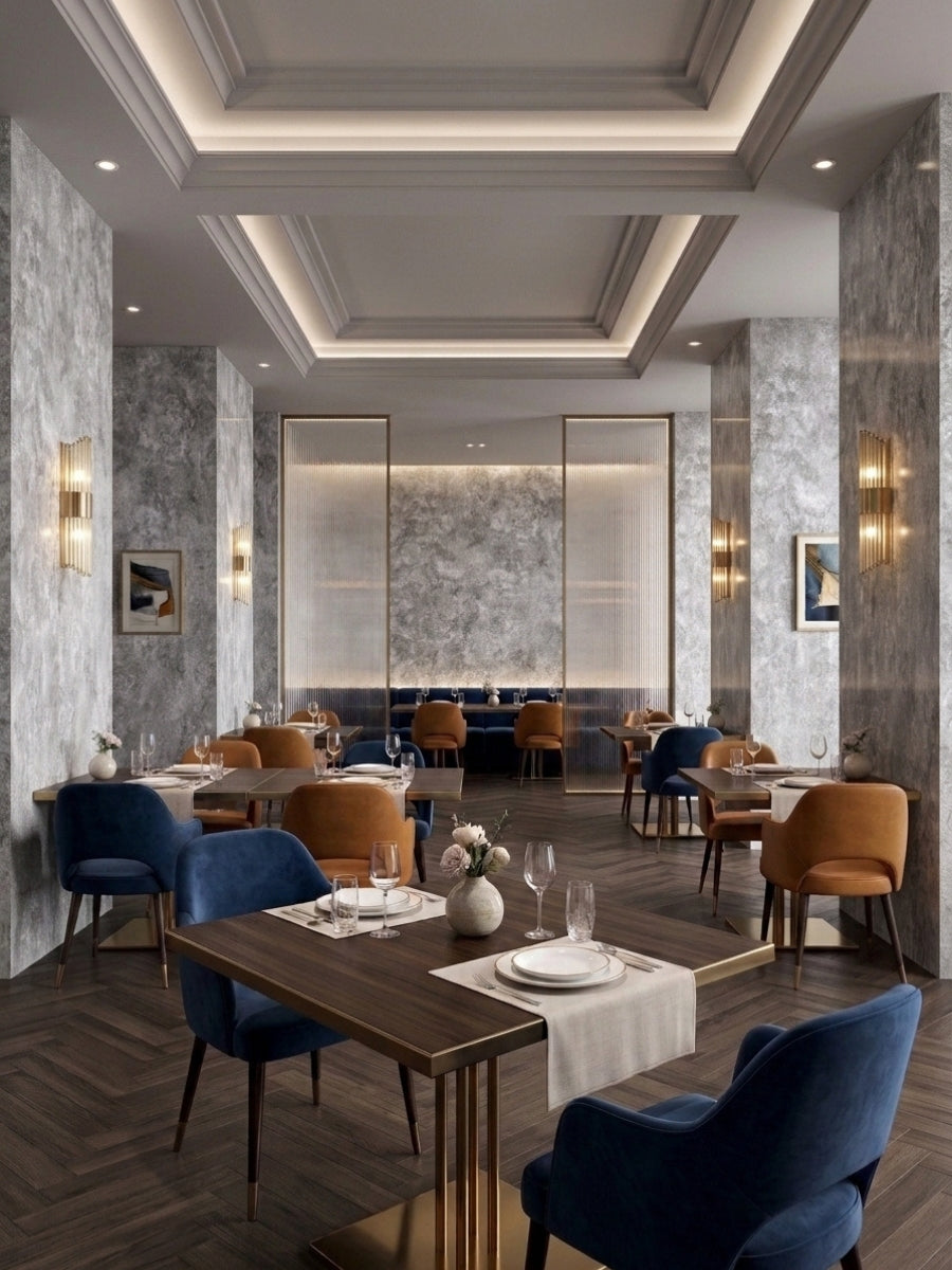 Gray rough-texture stone panels used on walls and columns in an elegant restaurant dining room