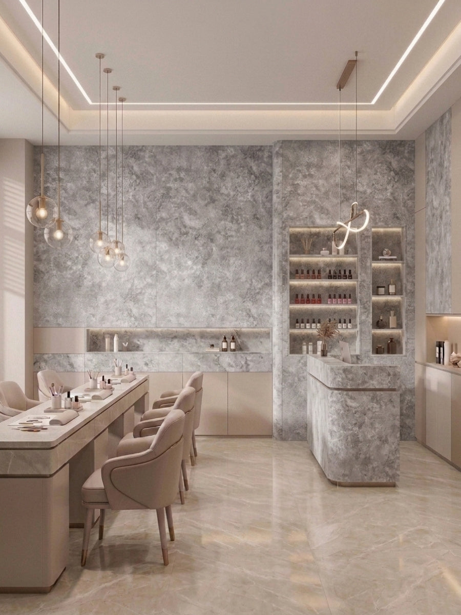Gray stone-look PVC sheets covering feature walls and a counter in a modern dining space