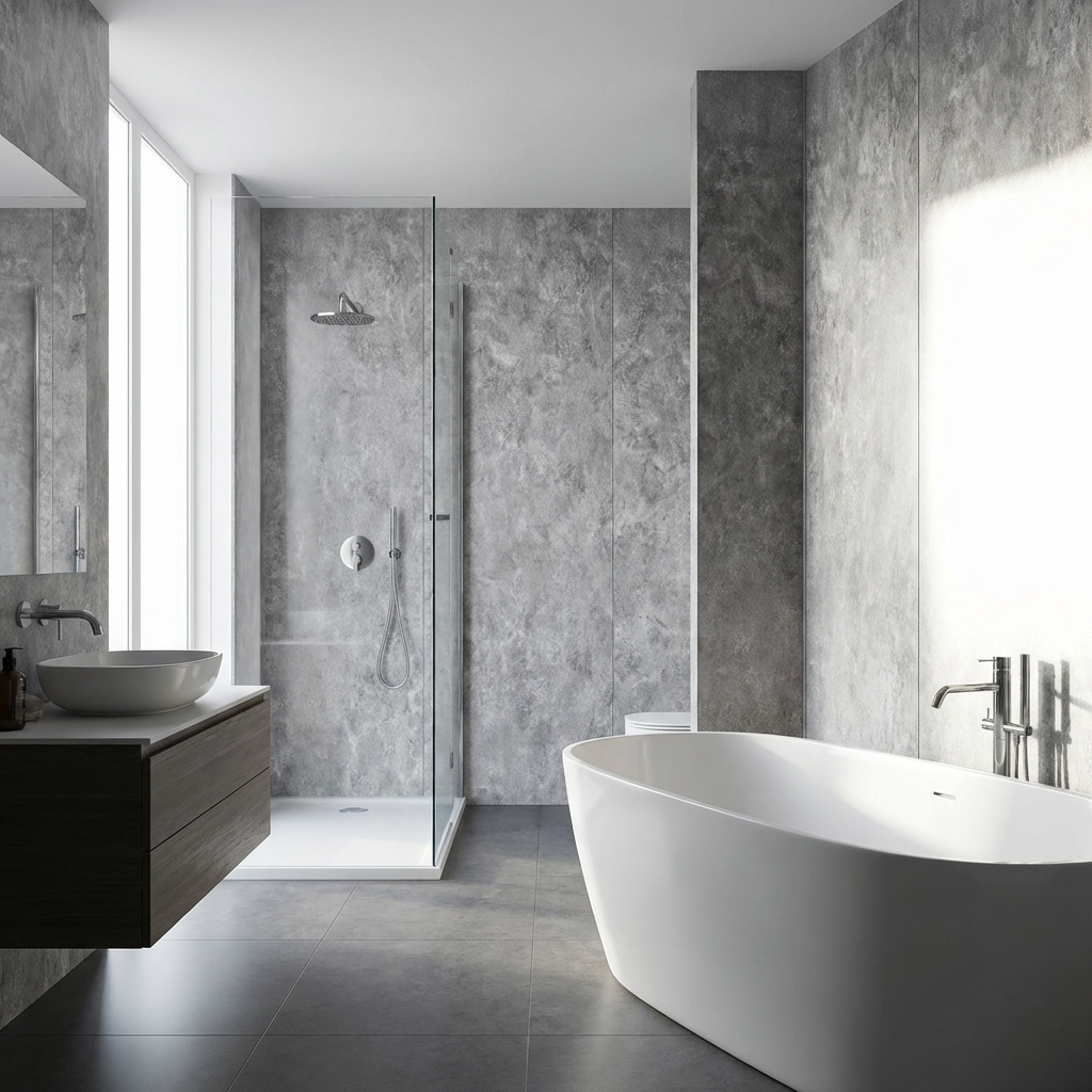 Rough texture grey stone PVC panels bathroom installation