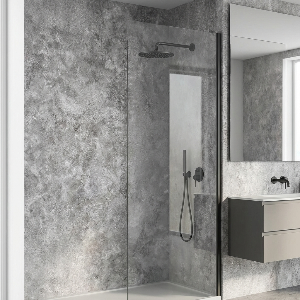 Contemporary bathroom with grey stone finish PVC wall panels