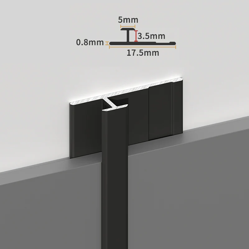 Black aluminum H-joint trim installation rendering with labeled dimensional profile