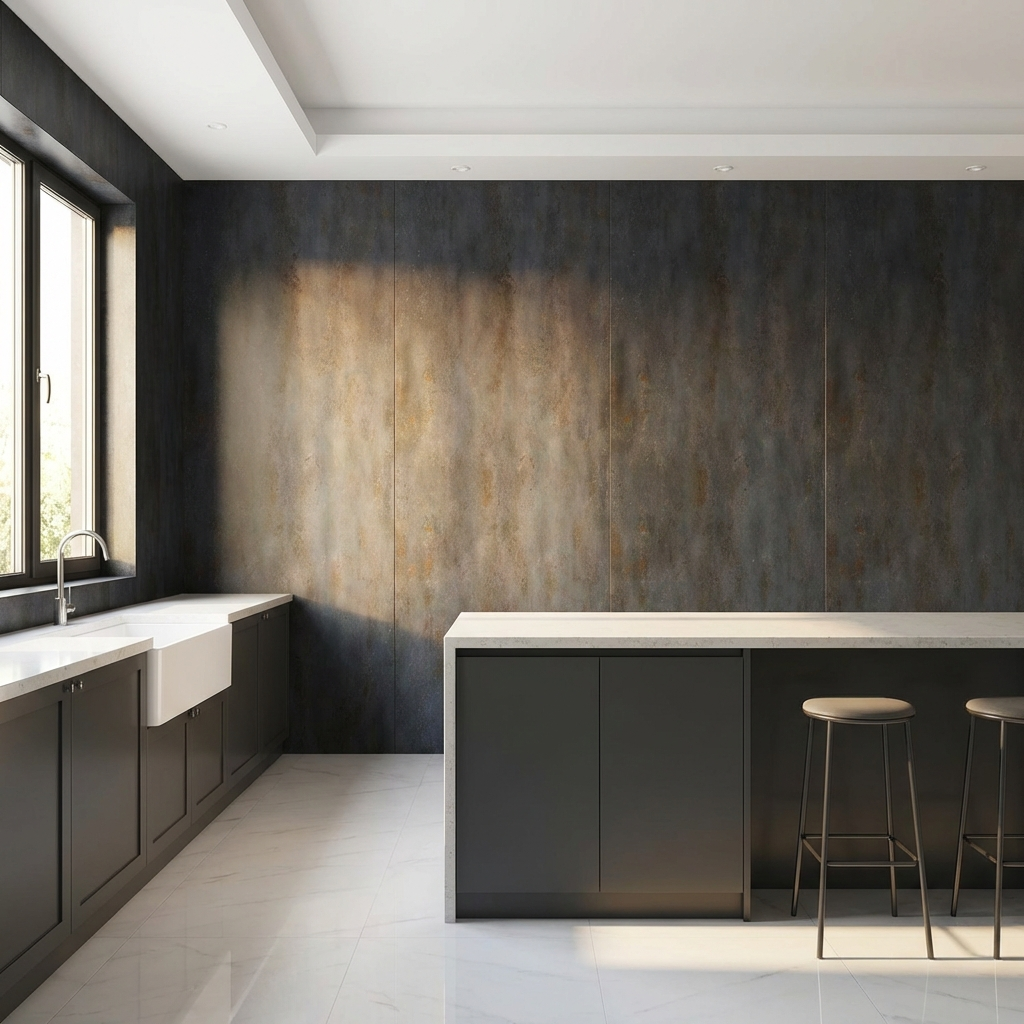 Kitchen with charcoal stone finish PVC wall panels