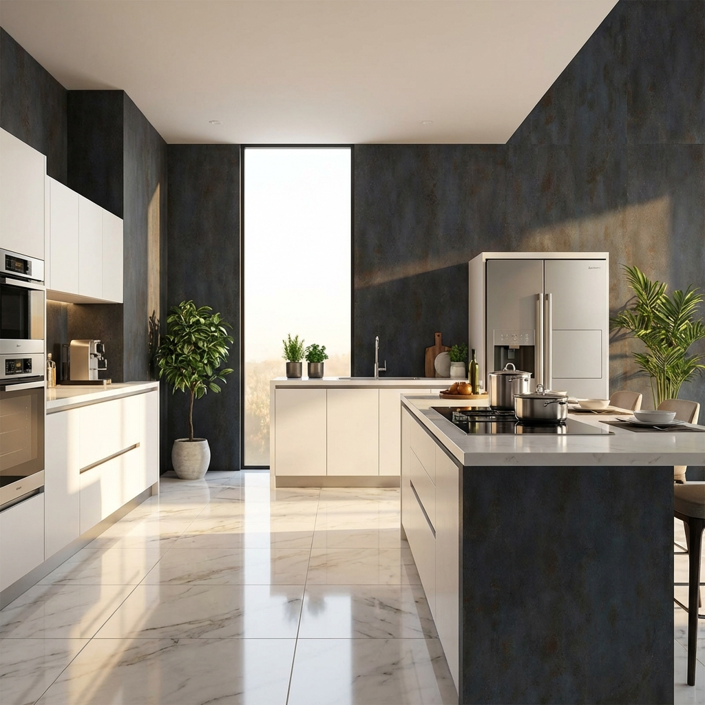 Modern kitchen accent wall with dark stone PVC panels
