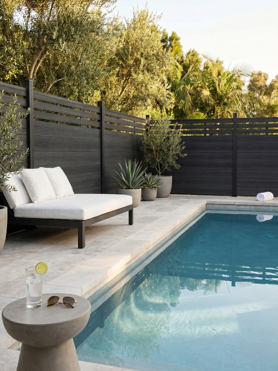 black WPC composite fence panel with lattice top for backyard privacy